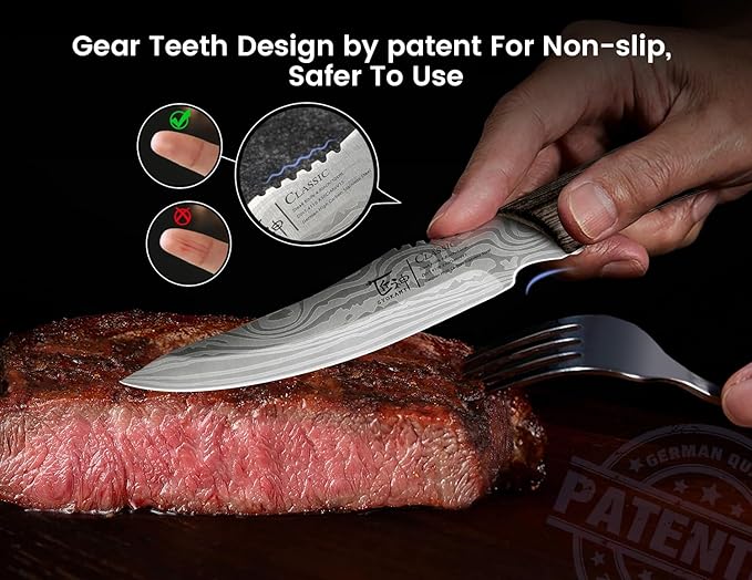 Steak Knives Set of 8, 4.8 Inch High-Carbon Japanese Stainless Steel Non-serrated Steak Knife with Wood Handle, Damascus Pattern Full Tang Design, Razor-Sharp Dinner Knives with Gift Box