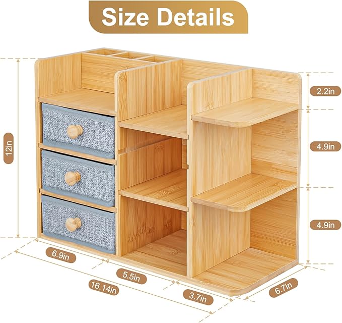 Makeup Organizer Countertop With Brush Holder For Vanity, Large Bamboo Bathroom Counter Organizers And Storage,Cosmetic Skincare Perfume Organizer With 3 Makeup Brush Holder/3 Drawer/7 Storage Shelves