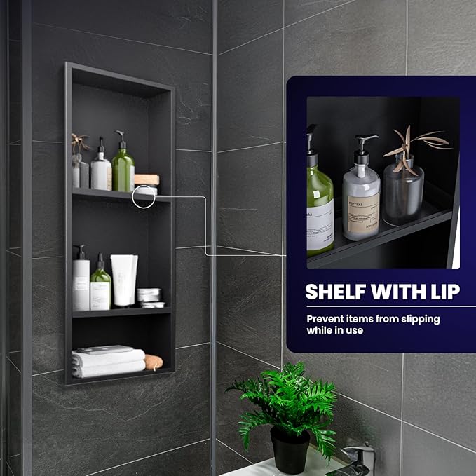 Stainless Steel Shower Niche 12" x 29", 3-Tier Shower Niches No Tile Needed, Recessed Niche for Shower Wall, Shower Niche Shelf for Bathroom Storage, Matte Black