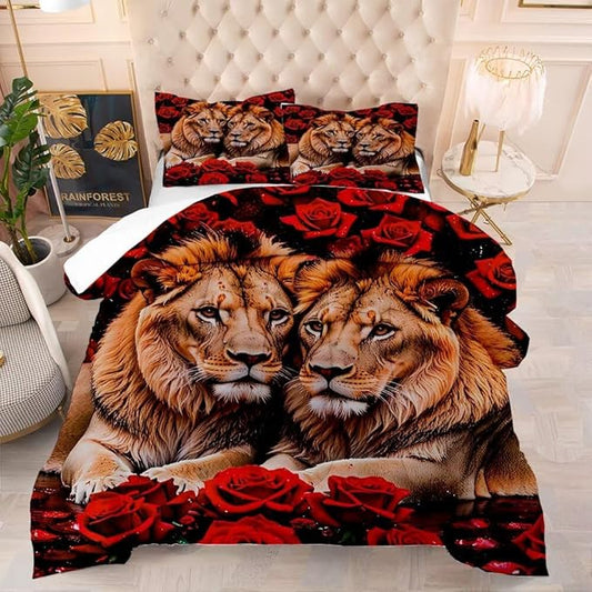 Kids Adults 3D Animal Comforter Set Full, Soft Wildlife Lion Red Rose Print Bedding Set Theme Design Animal Print Bedding Set for Kids Youth Adults, Modern Brown Lion Quilt Cover Decor Room