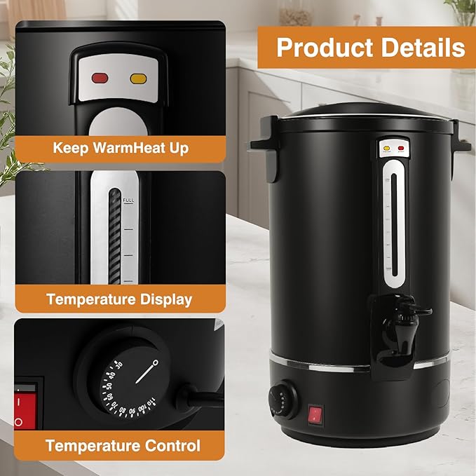 Commercial Coffee Urn，110 Cups/16.5L Black Stainless Steel Large Coffee Dispenser，Double Wall Electric Coffee Urn，Electric Coffee Maker Urn，Commercial Percolate Coffee Maker Hot Water Urn