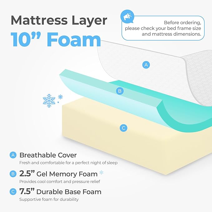 Neo Sleep 10 Inch Queen Cooling Gel Memory Foam Medium Firm Mattress Cool Sleep Pressure Relief CertiPUR-US Certified Foam, Mattress-in-a-Box Kids and Adults No Fiberglass (Queen, 10 in)