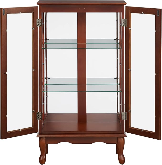 Goujxcy Lighted Curio Cabinet, Modern Floor Standing Glass Curio Cabinet Display Case Cabinet with Adjustable Shelves, Mirrored Back Panel and Tempered Glass Doors for Home/Office (Walnut)