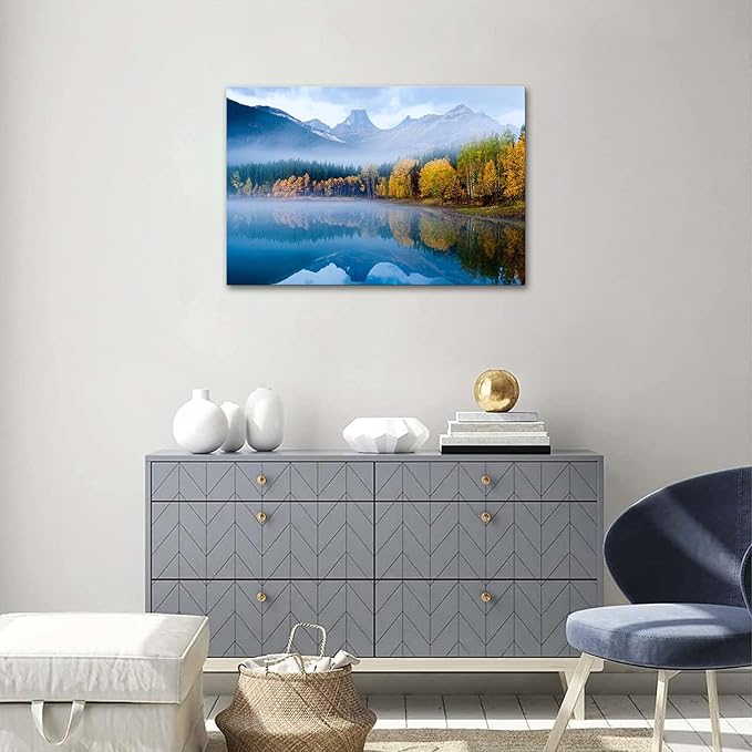 SKASNFAI Lake Canvas Wall Art National Park Forest Mountains Painting Artwork Nature Prints Poster Framed for Living Room Bedroom (16x24 inch)
