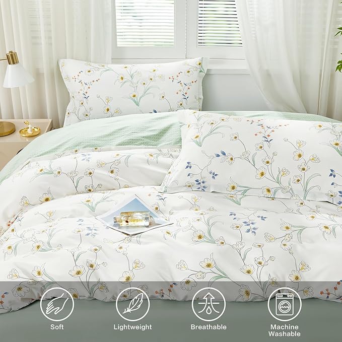 SAPHREAS Twin Size Duvet Cover Set 2pcs White Fresh Floral Pattern Bedding Comforter Cover Set 100% Cotton 1 Duvet Cover 68"x90" 1 Pillow Sham, Comforter Not Included