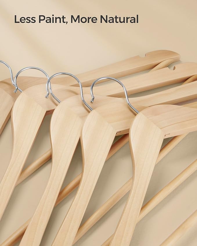 SONGMICS Wooden Hangers, Pack of 36, Coat Hangers, Non-Slip, Pants Bar, 360° Swivel Hooks, for Jackets, Shirts, Coats, Natural Beige UCRW010N36