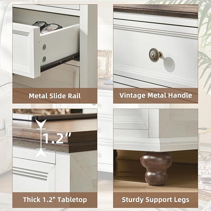 Farmhouse Nightstand with Charging Station, 24" Wide End Table with 3 Drawers,White Wood Dresser for Bedroom, Bed Side Table Chest of Drawers Cabinet,Night Stand for Living Room, Closet