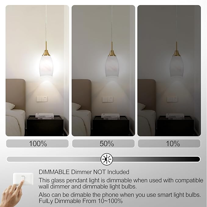 Mini Glass Pendant Light 3-Pack Handblown Art White Swirl Oval Glass Hanging Pendant Lamp 4.72" Glass Chandelier for Kitchen Island Dining Room Living Foyer Hallway Entry Brushed Gold Finish
