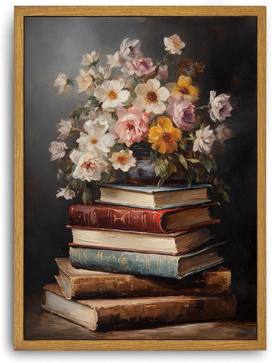 Djmwtb Vintage Framed Wall Art Floral Book Canvas Wall Art Prints Moody Flower Painting Literary Pictures Artwork for Living Room Bedroom Bathroom Office 12x16in