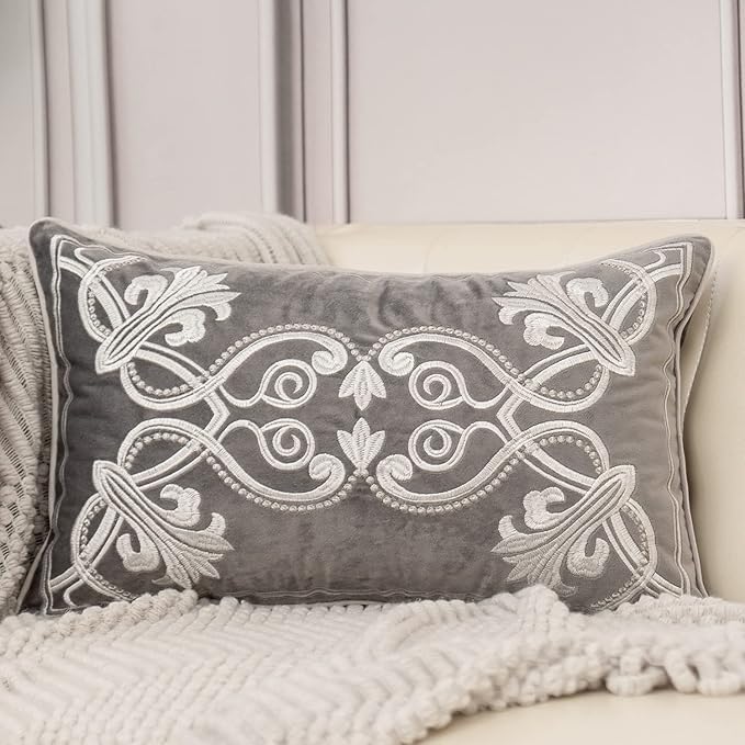 Aeckself 12 x 20 Inch European Cushion Cover Luxury Velvet Home Decorative Embroidery Floral Rectangle Throw Pillow Case Pillowcase for Couch Bed Living Room, Grey and White
