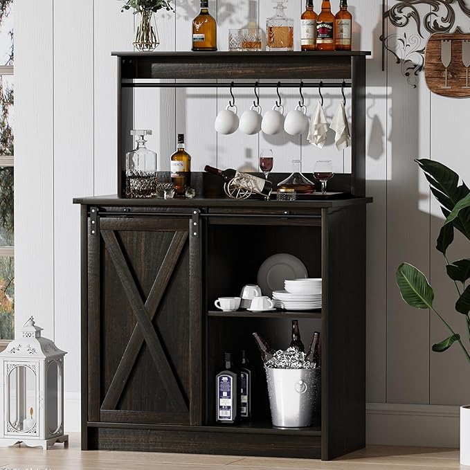 4ever2buy Farmhouse Coffee Bar Cabinet with Sliding Barn Door, 50'' Farmhouse Buffet Cabinet with 6 Hooks, Coffee Bar with Hutch for Living Dining Room, Dark Oak