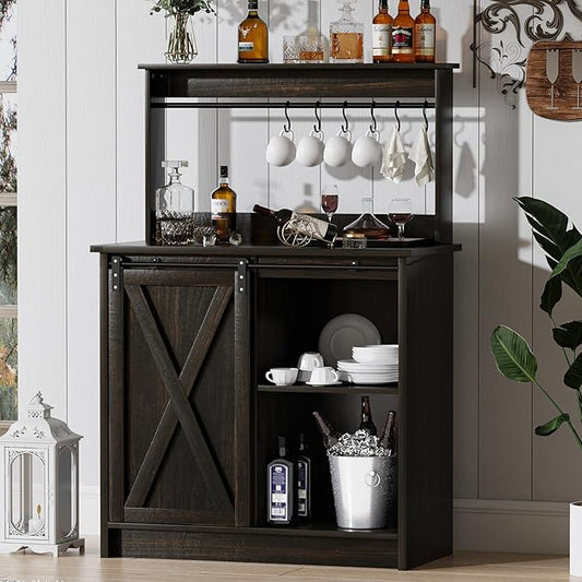 4ever2buy Farmhouse Coffee Bar Cabinet with Sliding Barn Door, 50'' Farmhouse Buffet Cabinet with 6 Hooks, Coffee Bar with Hutch for Living Dining Room, Dark Oak