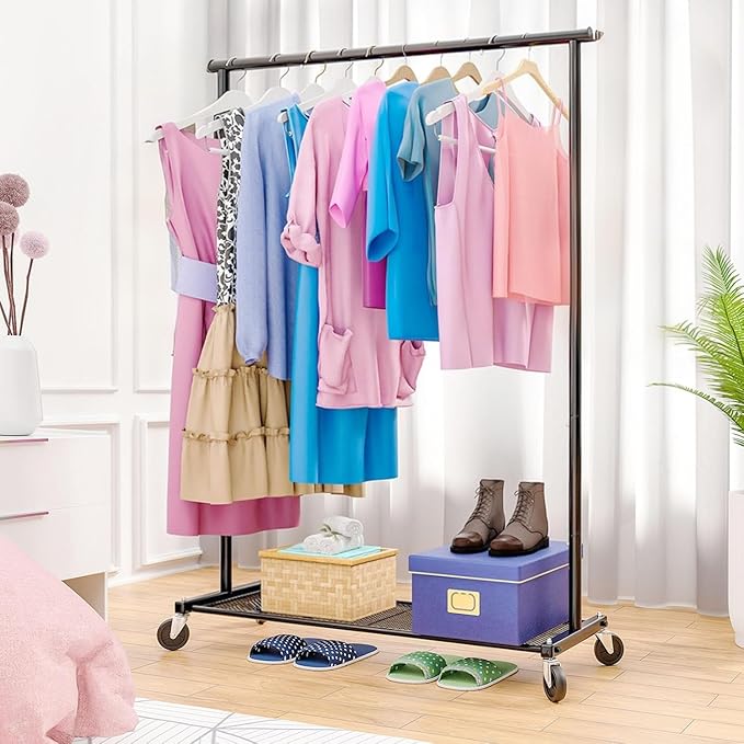 Clothing Clothes Rack on Wheels, Heavy Duty Portable Wardrobe for Hanging Clothes, Garment Rack with Bottom Mesh Shelf, Black