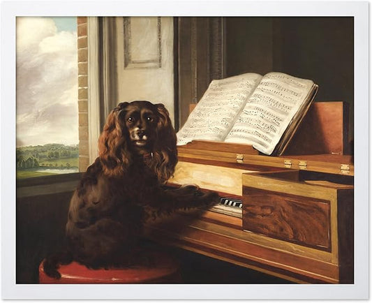 Poster Master Vintage Portrait of an Extraordinary Musical Dog Print - Retro Puppy Poster - Piano & Music Art - Animal Lover Wall Design - Living Room or Office Decor - 8x10 White Framed