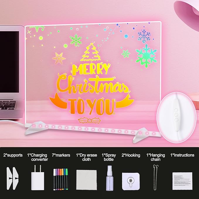 LED Note Board with Colors, 13.7"X10" 4 Modes & 7 Colors Acrylic Dry Erase Board with Light, Include Adapter, Hanging Chain, Led Drawing Board for Kids with Stand, 7 Markers, Spray Bottle ﻿