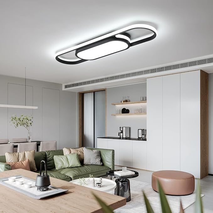 Tioolo Modern LED Linear Ceiling Lights Dimmable LED Ceiling Lamp with Remote Control 2.3ft Acrylic Flush Mount Ceiling Lighting Fixtures for Living Room Kitchen Dining Room (40W/3000-6500K/Black)