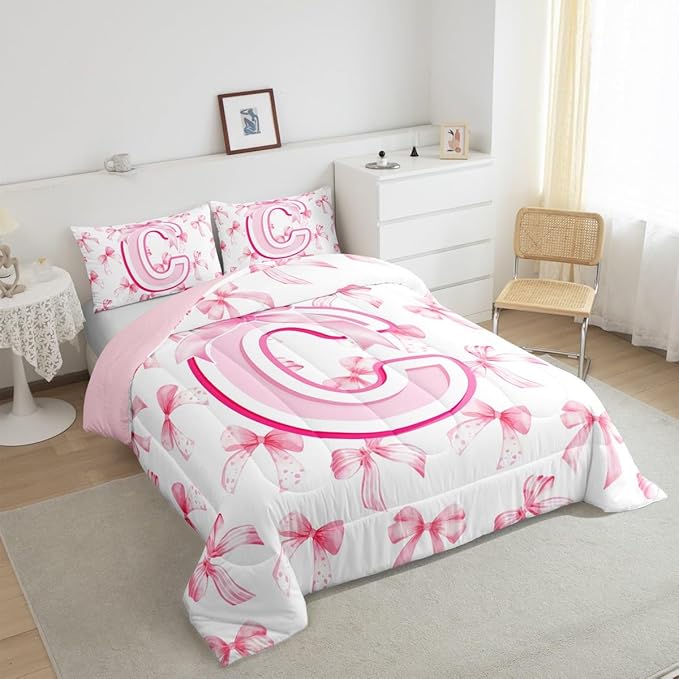 jejeloiu Kids Girls Cute Pink Bow Comforter Set King Size Coquette Bow Knot Bedding Set Ultra Soft Personalized Initial C Duvet Quilt Monogrammed Quilt Set Room Decor Modern Fashion Comforter