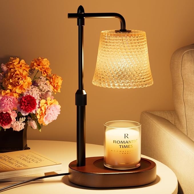 Candle Warmer Lamp with Timer Dimmable - Height Adjustable Candle Warmer for Jar Candles - Birthday Gifts for Women Mom - House Warming Gifts New Home Decor (Walnut Base Amber Shade)