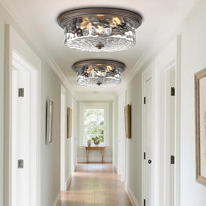Large Industrial Flush Mount Ceiling Light, 16" 3-Light Modern Ceiling Light Fixture, Farmhouse Close to Ceiling Lighting,Hammered Glass Ceiling Light for Bedroom, Living Room, Kitchen Island