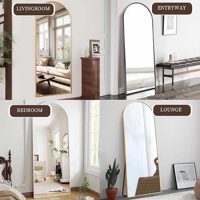 OGCAU Full Length Floor Mirror, Standing Hanging or Leaning Against Wall, Arched-Top Body Mirror for Floor & Wall in Bedroom, Wall-Mounted, Aluminum Alloy Frame (Blcak)