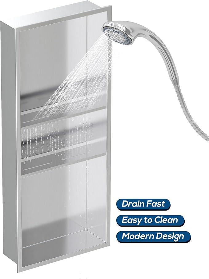 Stainless Steel Shower Niche 12" X 30", No Tile Needed Wall Niche Three-Tier Shower Niche, Recessed Shower Shelf for Bathroom Storage, Brushed Nickel
