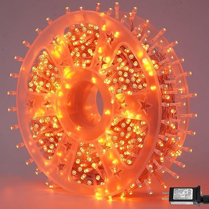 QITONG 165ft 500 LED Orange Lights for Halloween, Clear Wire String Lights Outdoor, Plug in Christmas Lights Indoor with 8 Modes