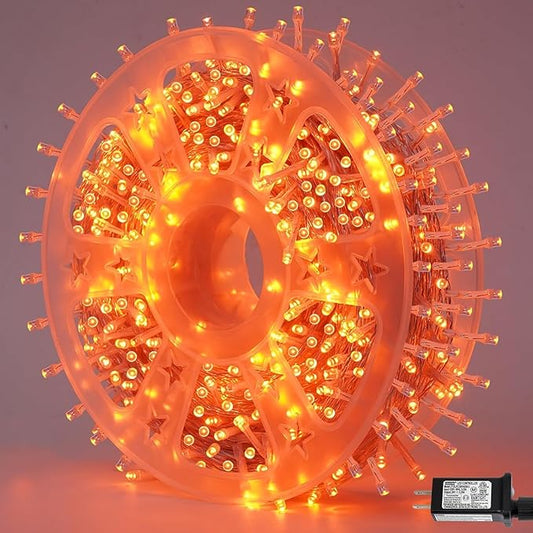 QITONG 165ft 500 LED Orange Lights for Halloween, Clear Wire String Lights Outdoor, Plug in Christmas Lights Indoor with 8 Modes