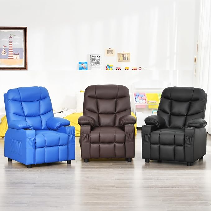Kids Recliner, Kids Recliner Chair w/ 2 Cup Holders, PU Leather Kids Chairs Compy w/Adjustable Backrest & 3 Pockets, Toddler Furniture Sofa for Boys Girls Aged 3+ (Black)