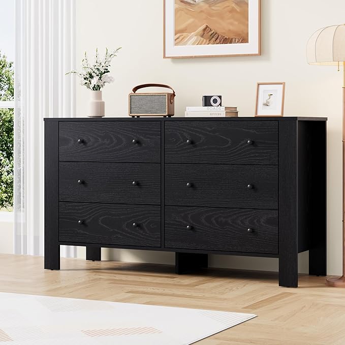 GarveeHome Black 6 Drawer Dresser for Bedroom, Modern Wide Dresser Organizer with Storage Drawers, Wooden Chests of Drawers for Bedroom, Entryway, Hallway, Home Office