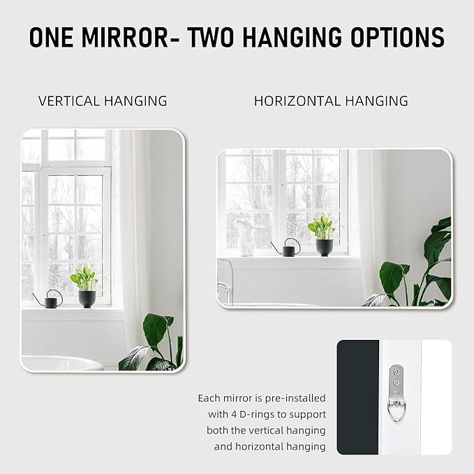 20x30 Inch White Framed Mirror for Bathroom, Rounded Rectangle Mirrors for Wall with Tempered Glass Anti-Rust, Shatterproof Mirror (Horizontal/Vertical)