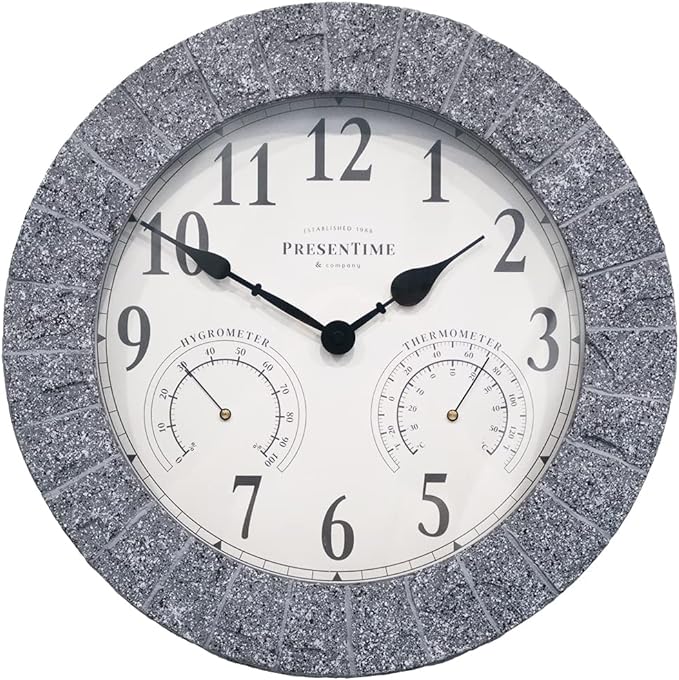 Presentime & Co Sandstone Outdoor Clock with Thermometer & Hygrometer as All in one Weather Station, 14", Gray Sandstone Finish. Weather Thermometer, Outdoor Décor, Wall Décor.
