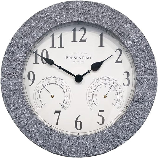 Presentime & Co Sandstone Outdoor Clock with Thermometer & Hygrometer as All in one Weather Station, 14", Gray Sandstone Finish. Weather Thermometer, Outdoor Décor, Wall Décor.