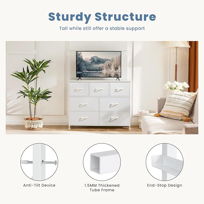 DUMOS Dresser for Bedroom with 7 Fabric Drawers, Chest Organizer Units for Clothing, Closet, Bedroom, Storage Tower with Cabinet, Metal Frame, Wooden Top, Lightweight Nursery Furniture, White