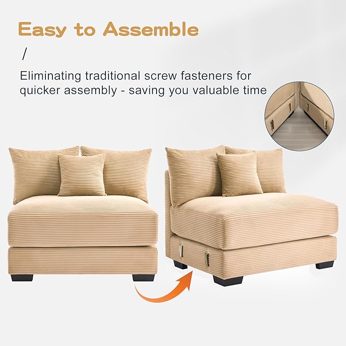 KEIKI 54" Oversized Corduroy Modular Sectional Single Sofa with High-Density Foam Cushions, Extra-Thick Armrests, Upholstered Modern 1-Seater Lounge Accent Chair with 3 Pillow, for Living Room, Camel