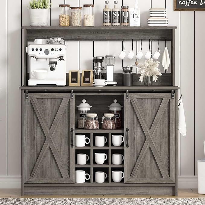 Farmhouse Coffee Bar Cabinet with 9 Wine Racks and 6 Hooks, 47 Inch Wine Bar with Storage, Buffet Cabinet Adjustable Shelves, Kitchen Buffet Cabinet for Dining Living Room, Grey Living Room, Grey
