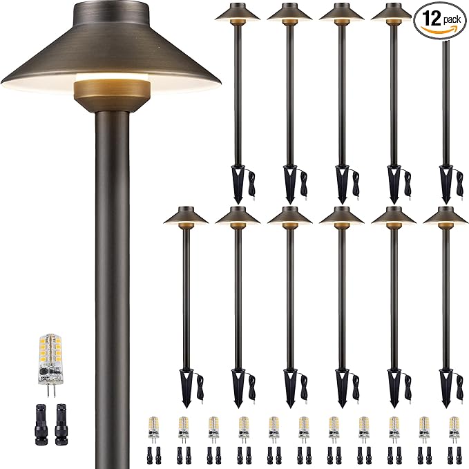 Solid Brass Pathway Light - 12v Landscape Path Lights Outdoor Waterproof, Electric Walkway Lamp Wired, Hat Shape Antique Bronze Garden Decoration with 3W 270LM 2700K G4 Bulb (12 Pack)