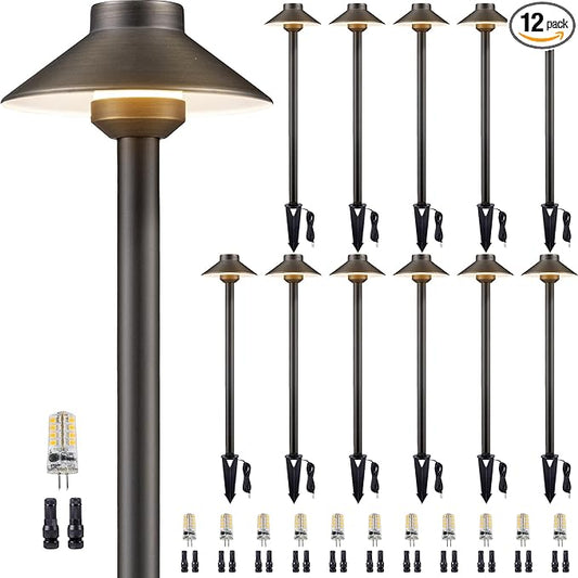 Solid Cast Brass Pathway Lighting - 12v Landscape Path Light Outdoor Waterproof, Electric Walkway Lights Wired, Hat Shape Bronze Garden Decoration with 3W Neutral White G4 Bulb (12 Pack)