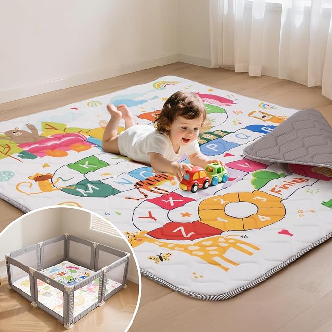 Baby Play Mat for Floor,71x59 Inch Soft Padding Crawling Mat for Playpen, Foldable and Machine Washable, Thick for Babies & Toddlers,Animal School