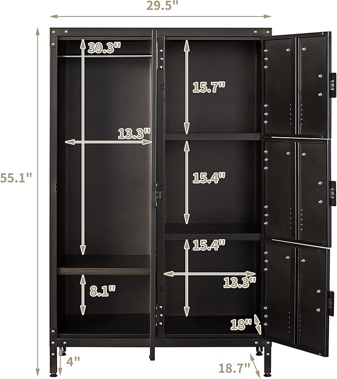 Metal Storage Cabinet, Storage Locker Employees Locker with 4 Doors, 55" Height Steel Cabinet with Lockable Doors, Storage Cabinet with Adjustable Feet for Home Office Gym.