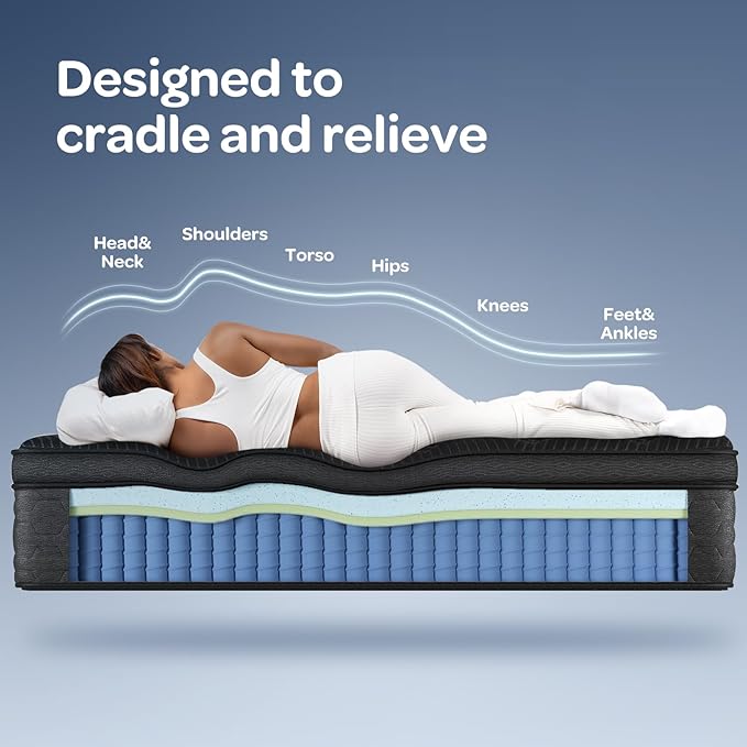 OhGeni 10 Inch Cooling Queen Size Mattress, Hybrid Gel-Infused Memory Foam Bed Mattresses in a Box, Medium Feel Cool Top Fabric, Home Gift for Mom, 3-Zone Design & Reinforced Edge Support, Black