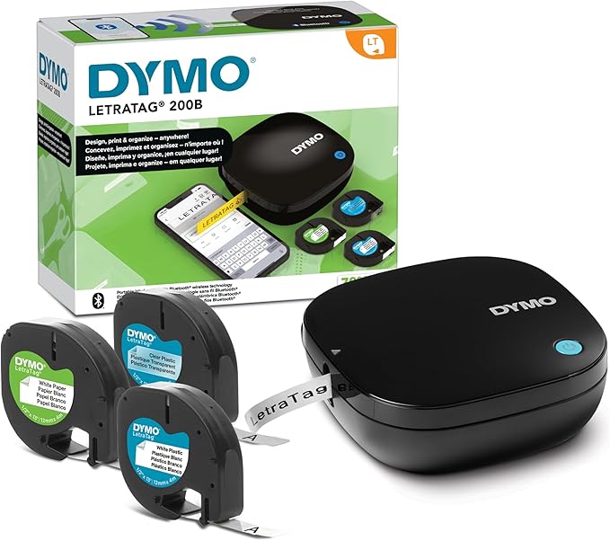 DYMO LetraTag 200B Bluetooth Label Maker Value Pack | Compact Label Printer | Connects Through Bluetooth Wireless Technology to iOS and Android | Includes 3 Assorted Label Tapes