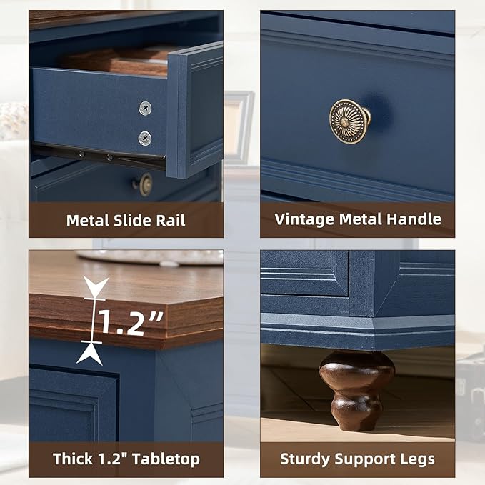 Farmhouse Nightstand Set of 2 with Charging Station, 24" Wide End Table with 3 Drawers,Dresser for Bedroom,Bed Side Table Chest of Drawers Cabinet,Wood Blue Night Stand for Living Room