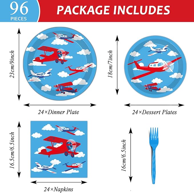 96 Pcs Airplane Party Plates Napkins Tableware Set Plane Birthday Party Supplies Disposable Paper Cake Dinnerware Blue Sky Two Fly Theme Table Decoration for Baby Shower Kids Birthday, 24 Guests