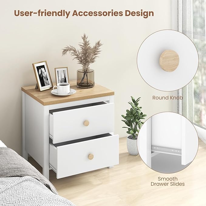 Giantex Night Stand Set of 2, Farmhouse Bedside Table with Cute Round Knobs, Wooden Floor End Table with Rubber Wood Legs, Small Space Kids Bedroom Side Table, White