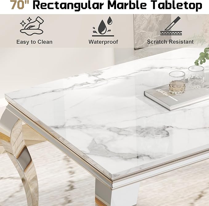 70" Large Marble Dining Table for 4-6 People, Modern Kitchen Table with Faux Marble top and Stainless Steel Leg, Perfect for Home Kitchen Living Room, White,Silver