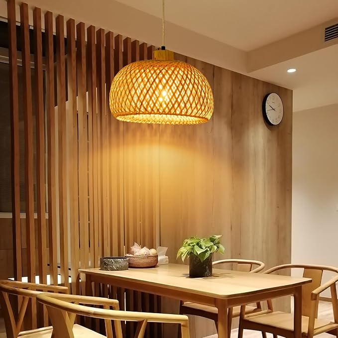 18inch Bamboo Rattan Pendant Light, Hand-Woven Wicker Boho Hanging Ceiling Light Fixture, Beige Pendant Lamp Rustic Farmhouse Chandelier for Kitchen Island, Dining Room, Bedroom, Living Room