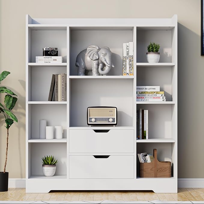 Cozy Castle Kids Bookshelf with Storage, Toy Storage Organizer with 2 Drawers and 10 Cubes 4-Tier Bookcase for Bedroom, Playroom, Hallway, Living Room(White)