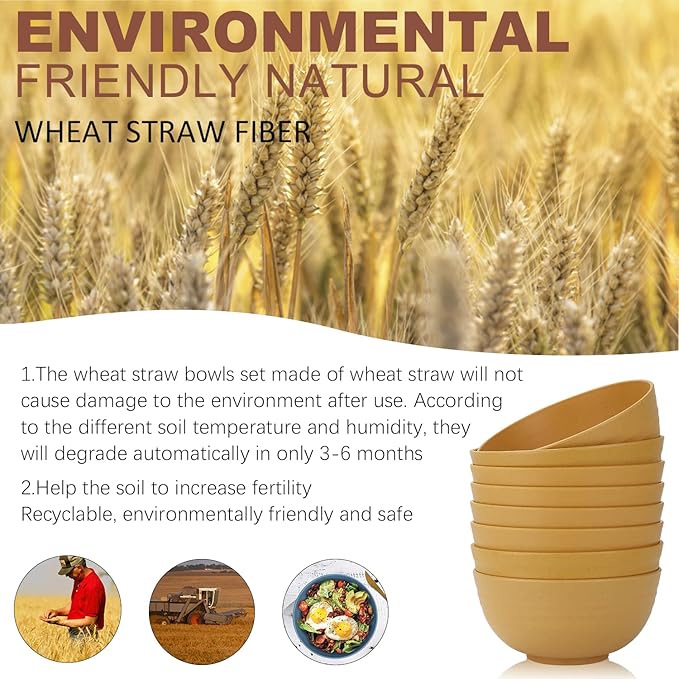 Homienly Cereal Bowl Set, Wheat Straw Bowls Set of 8, Alternative to Plastic Bowls Reusable, Unbreakable Lightweight Bowl for Kitchen, Outdoor, Party, Micriwave Safe Cereal Bowl (Yellow, 26 OZ)