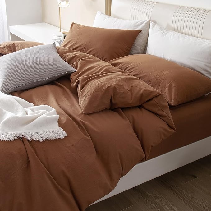 JIYUAN 100% Washed Cotton Duvet Cover Set 3 Pieces King, 1 Duvet Cover 104x90 Inches(Comforter Not Included) and 2 Pillowcases,Linen Feel Bedding Set Comfy and Breathable,Burnt Orange