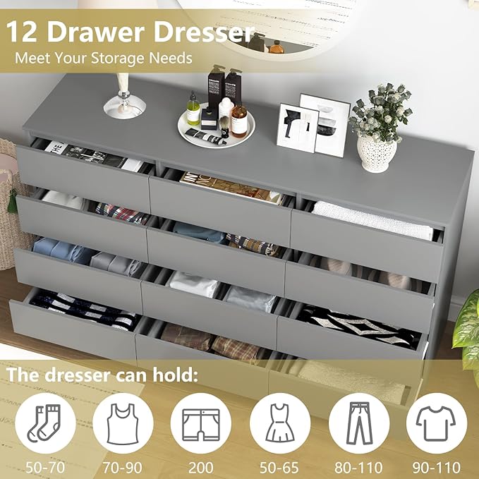 Grey Dresser for Bedroom,Modern Large 12 Drawer Dresser with Deep Drawer,Wide Storage Chest of Drawer,Wood Bedroom Storage Organizer Furniture,TV Stand for Living Room